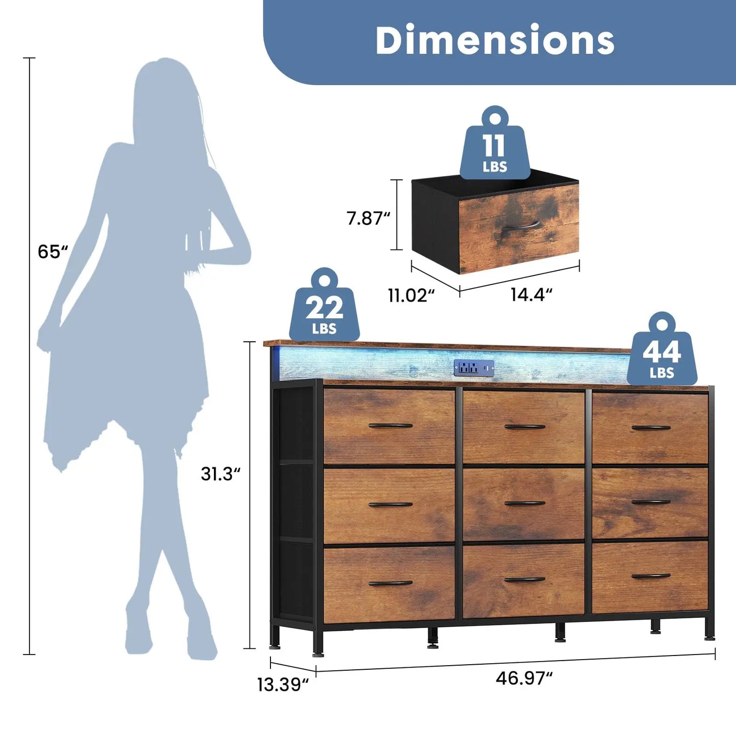JHK TV Stand Dresser With Fabric Drawers And Wood Top