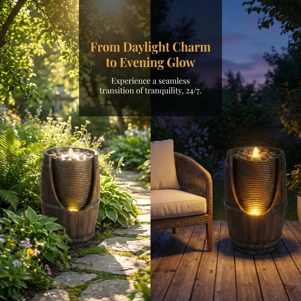 Rustic Resin Outdoor Barrel Water Fountain With Lights