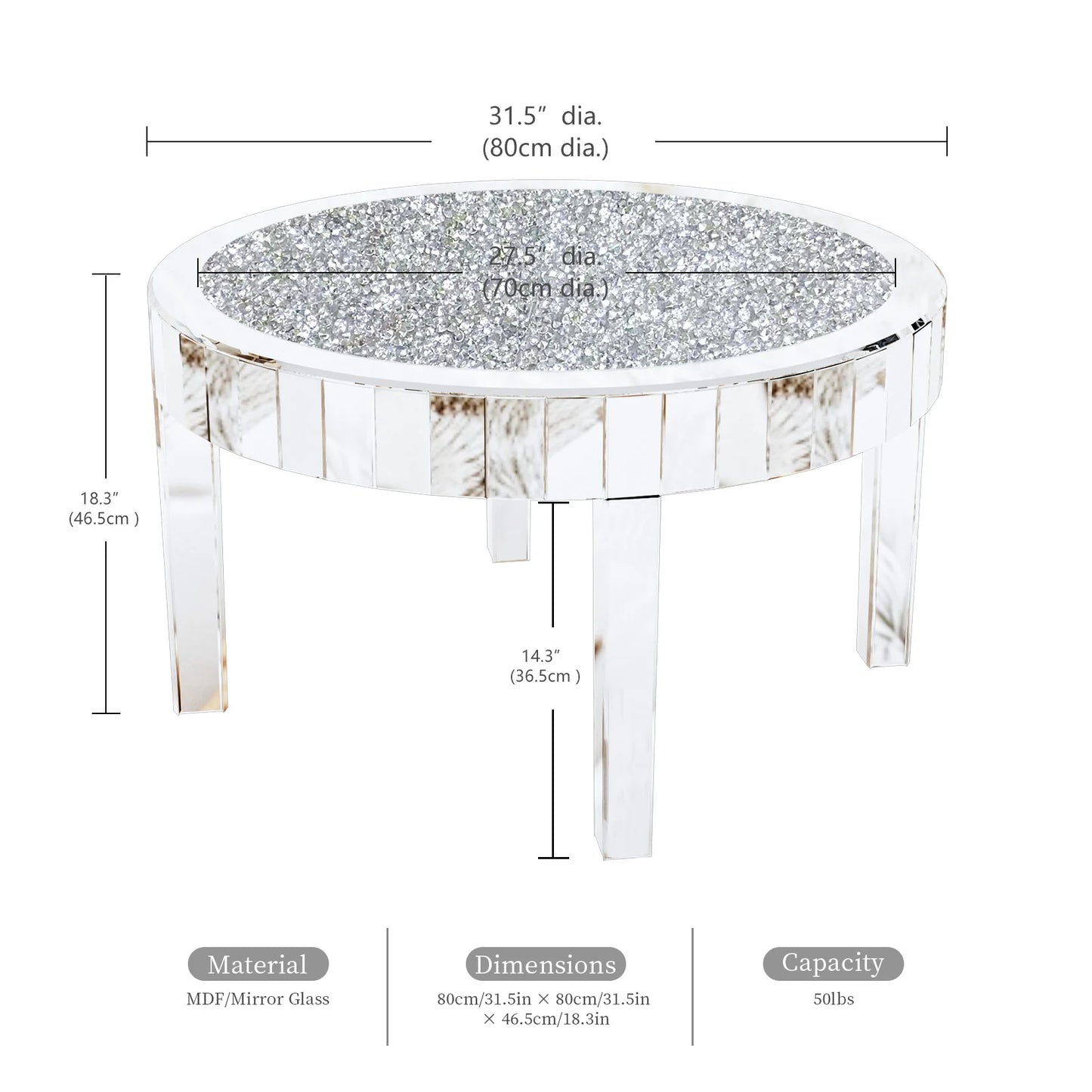 Mirrored Round Coffee Table With Crystal Inlay