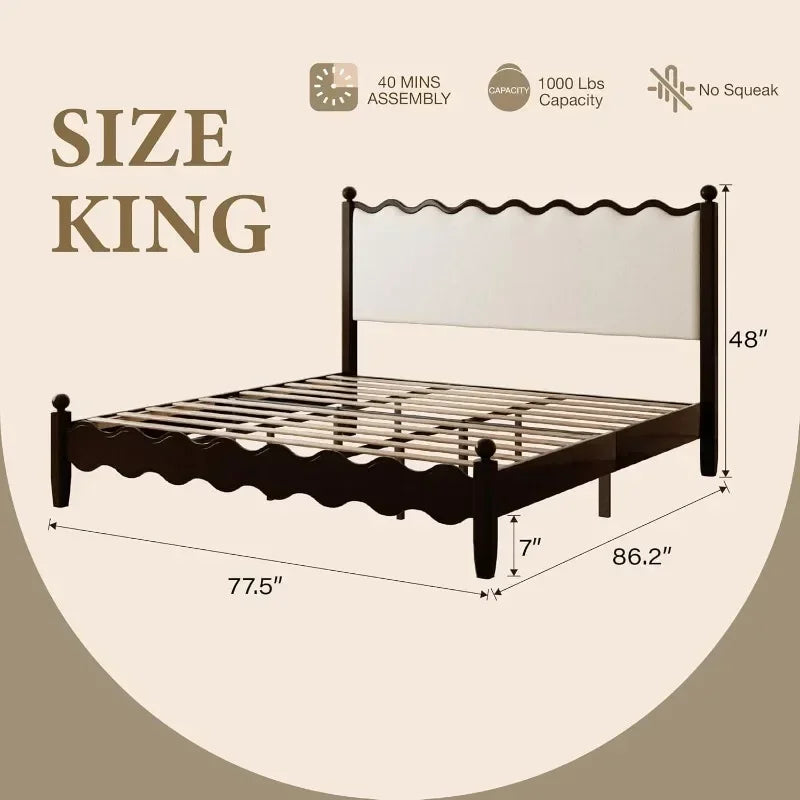 Wood Bed Frame With Vintage Wave Headboard And Foundation