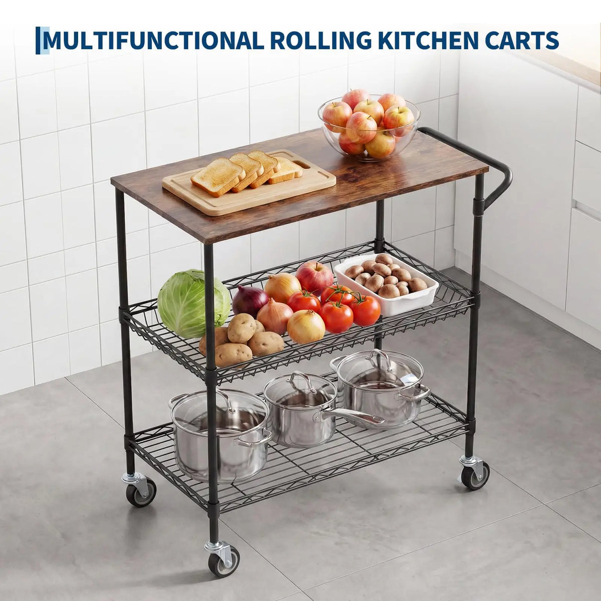 HiMISS 3-Tier Kitchen Island Cart With Locking Wheels