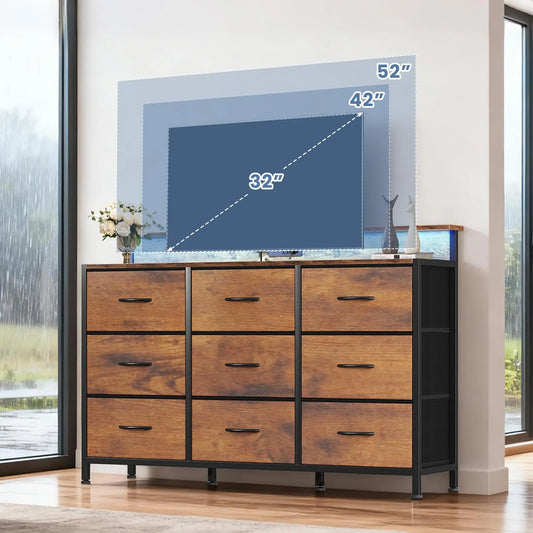 JHK TV Stand Dresser With Fabric Drawers And Wood Top