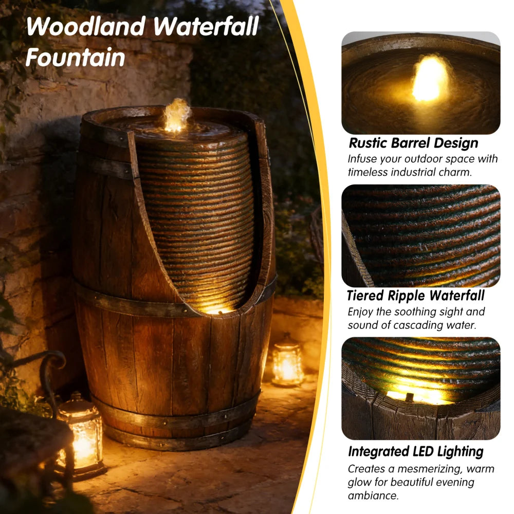 Rustic Resin Outdoor Barrel Water Fountain With Lights