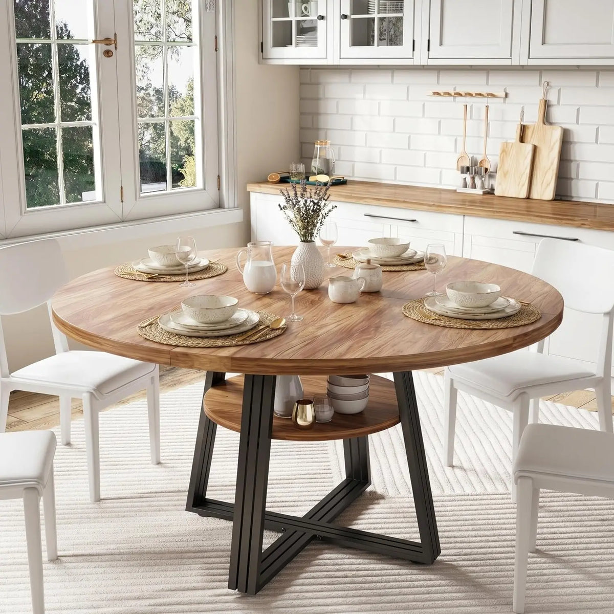 Farmhouse Round Dining Table 47 Inch, Scratch-Proof Wood Top Dinner Table with Under Table Open Storage Shelf, Reinforced Metal Cross Legs, Seats 4-6 for Kitchen Dining Room Small Apartment
