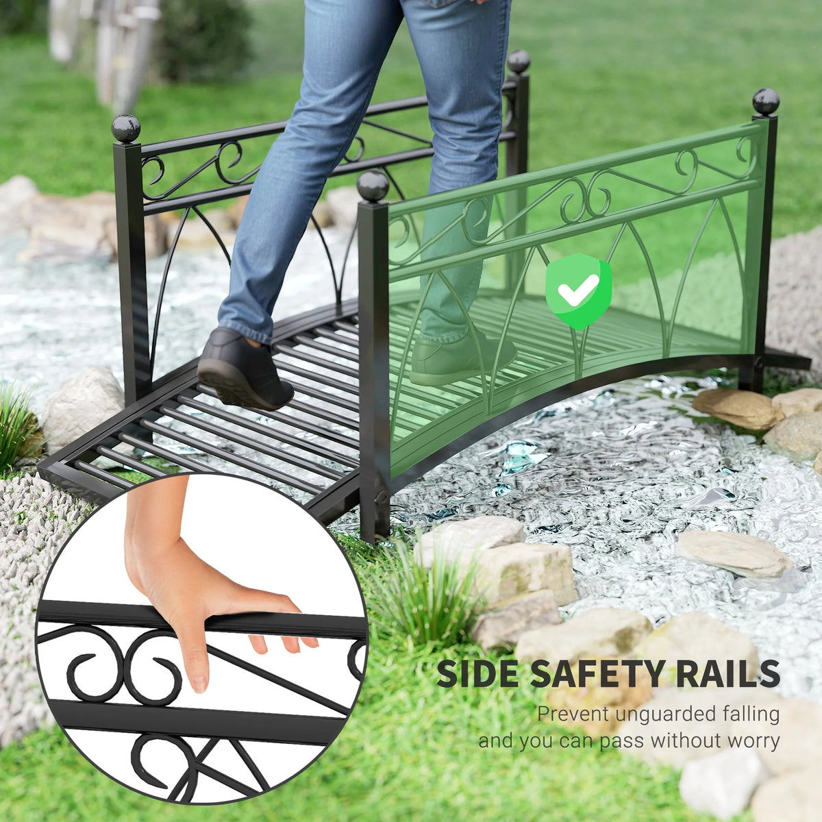 3.3' Metal Garden Bridge, Safety Railings, Spheres, Scrollwork for Pond, Stream