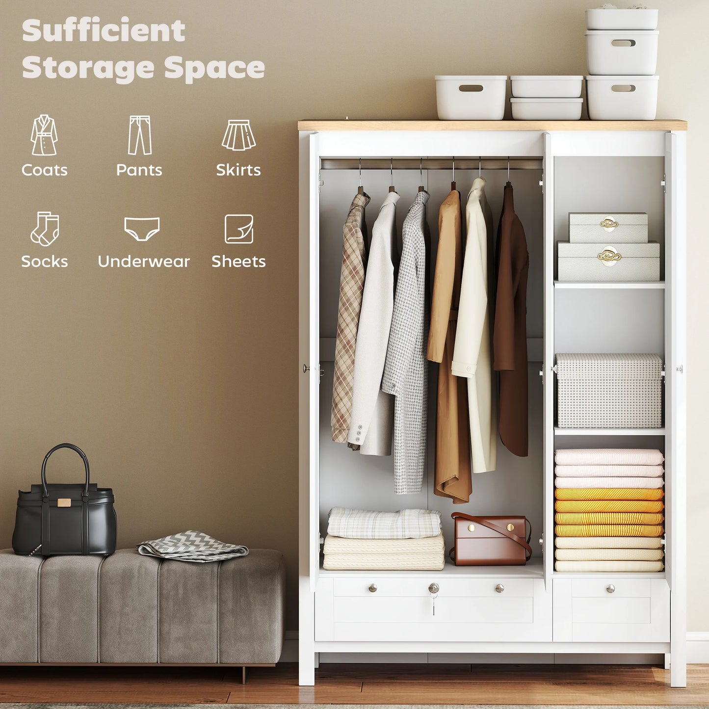 HOMCOM 3-Door Wardrobe With Drawers