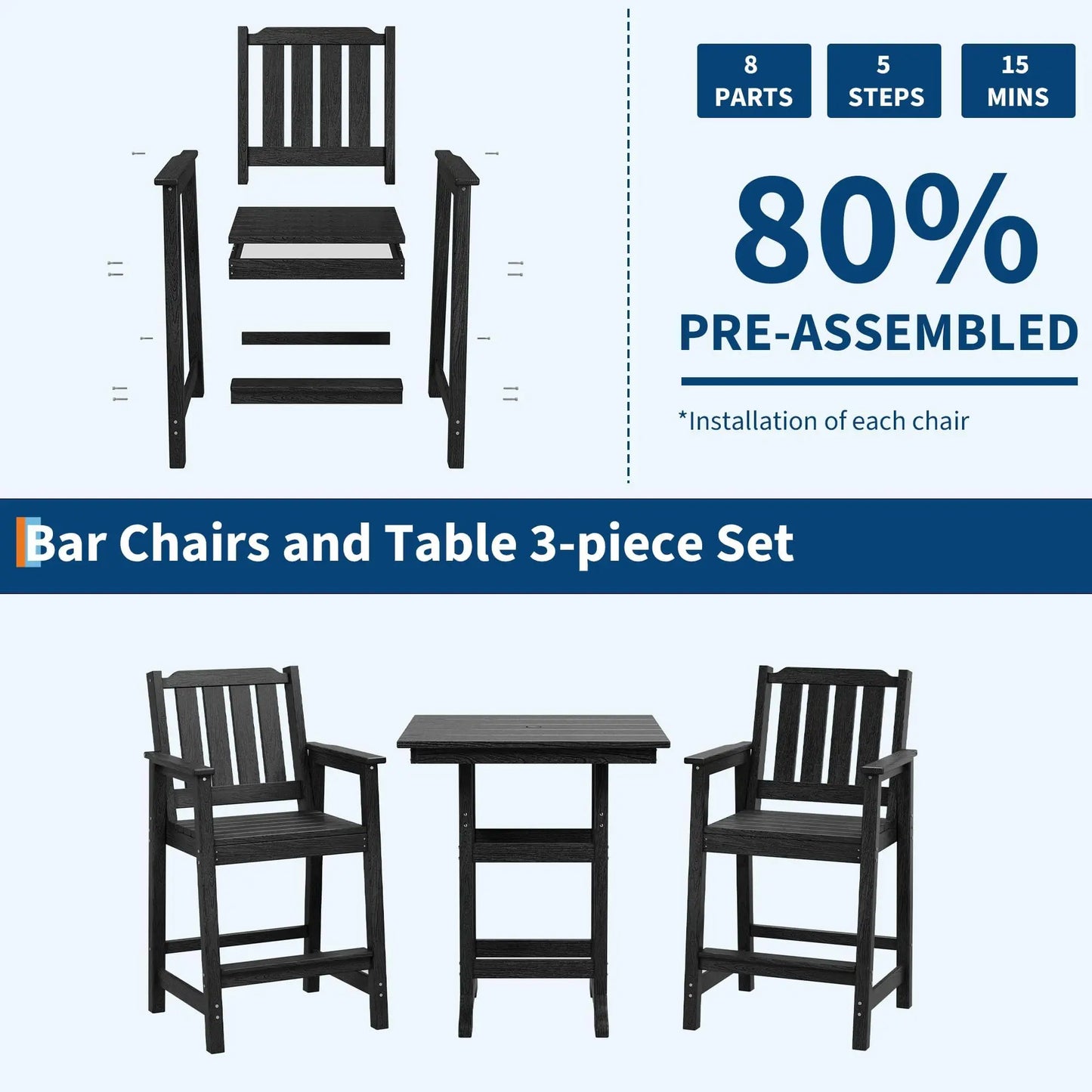 HiMISS All Weather HDPE Bar Height Chair Set Two Pack