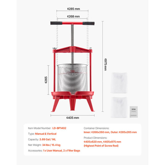 SucceBuy 9L 14L Fruit Wine Press Stainless Steel Basket with Cross-beam and Triangular Structure Manual Juice Maker for Kitchen