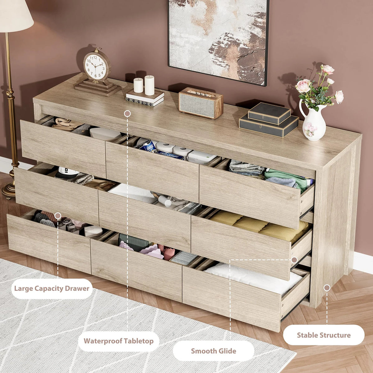 9 Drawer Dresser For Bedroom, Modern Handleless Wood Chest Of Drawers, Large Storage Cabinet For Living Room, Hallway and Entryway