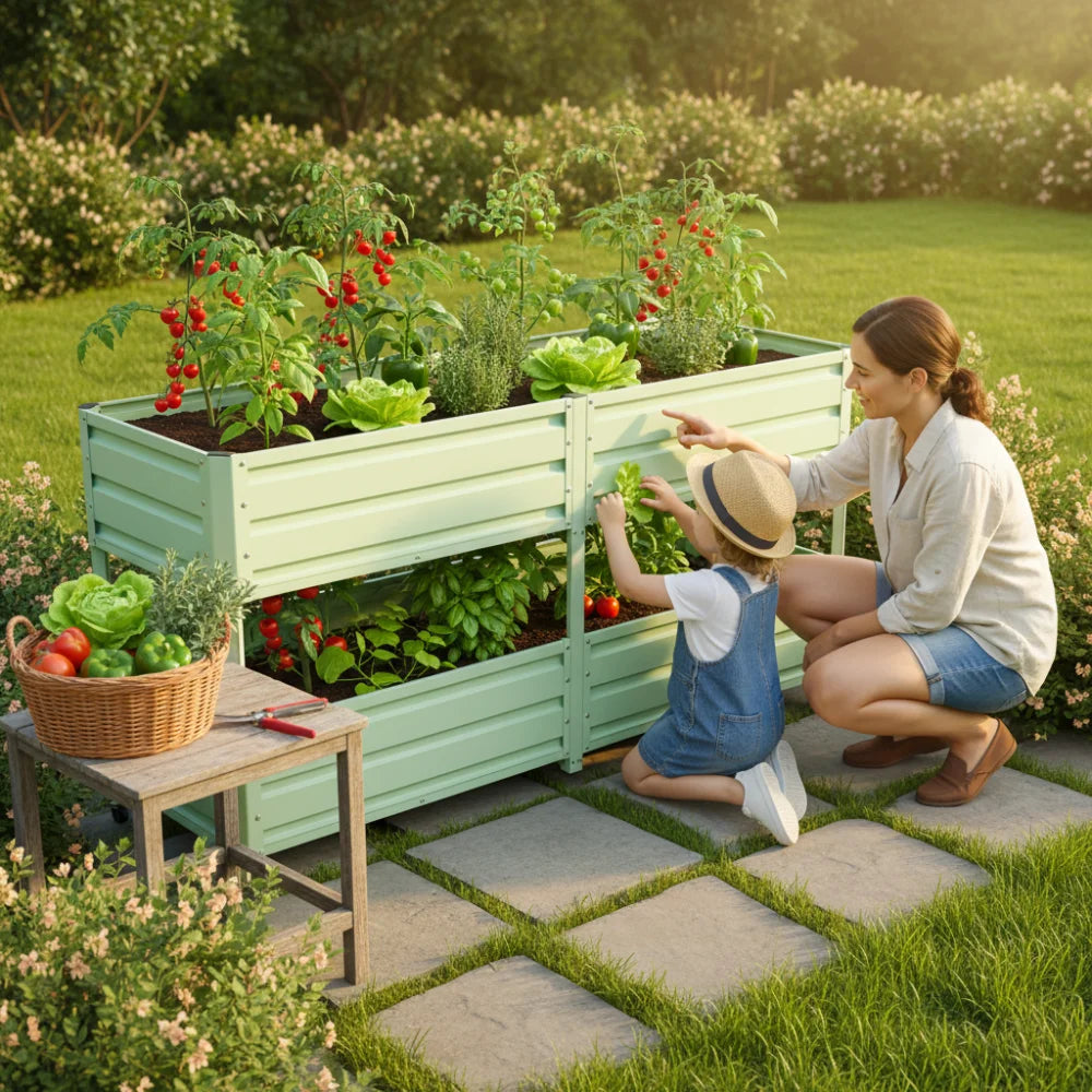Green Double-layer Elevated Metal Garden Bed with Lockable Wheels, Staggered Double-layer Elevated Flower Pots for Vegetables, Herbs, and Flowers, Outdoor Courtyard and Backyard Green Planting Bed