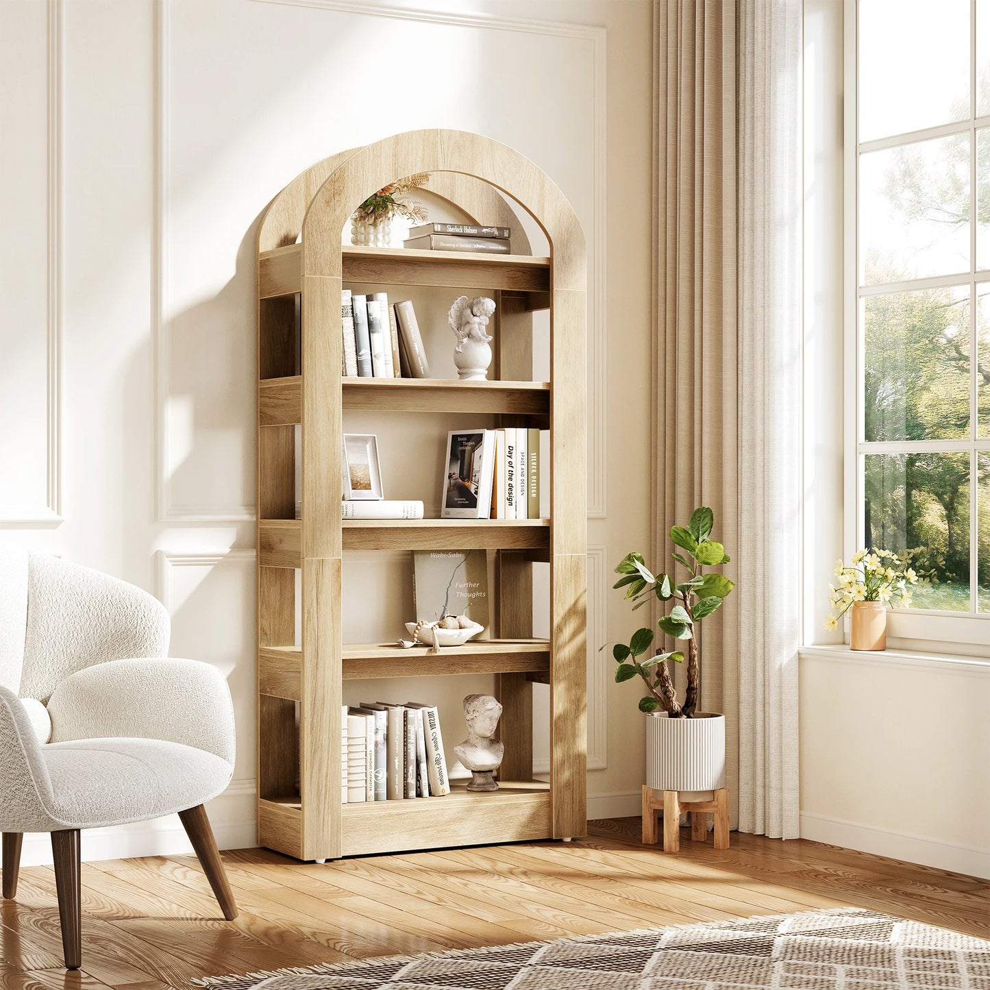 Tribesigns Rustic Oak Five Tier Arched Bookshelf