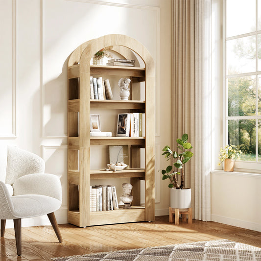 Tribesigns Rustic Oak Five Tier Arched Bookshelf