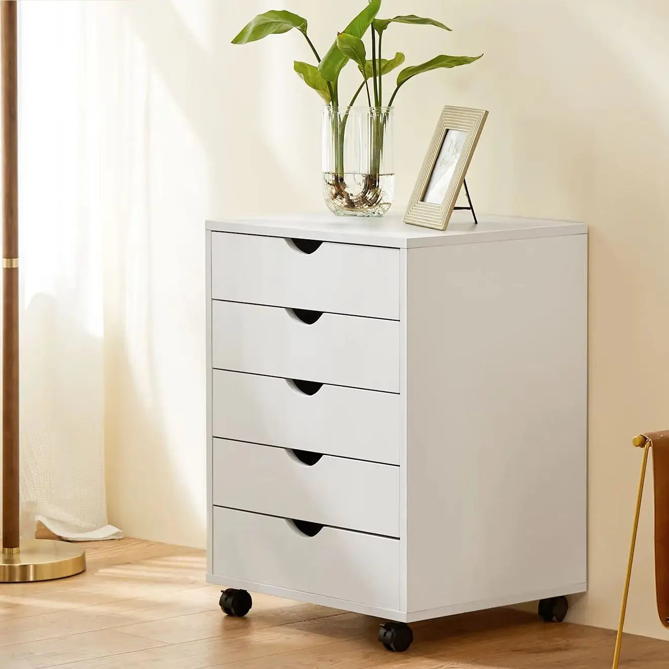 JHK Five Drawer Wood Nightstand Cabinet With Wheels
