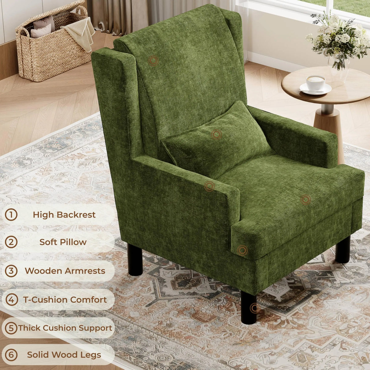 Mid Century Modern Wingback Accent Chair, Upholstered Chenille Reading Armchair With Lumbar Pillow, High Back, Wood Legs For Living Room