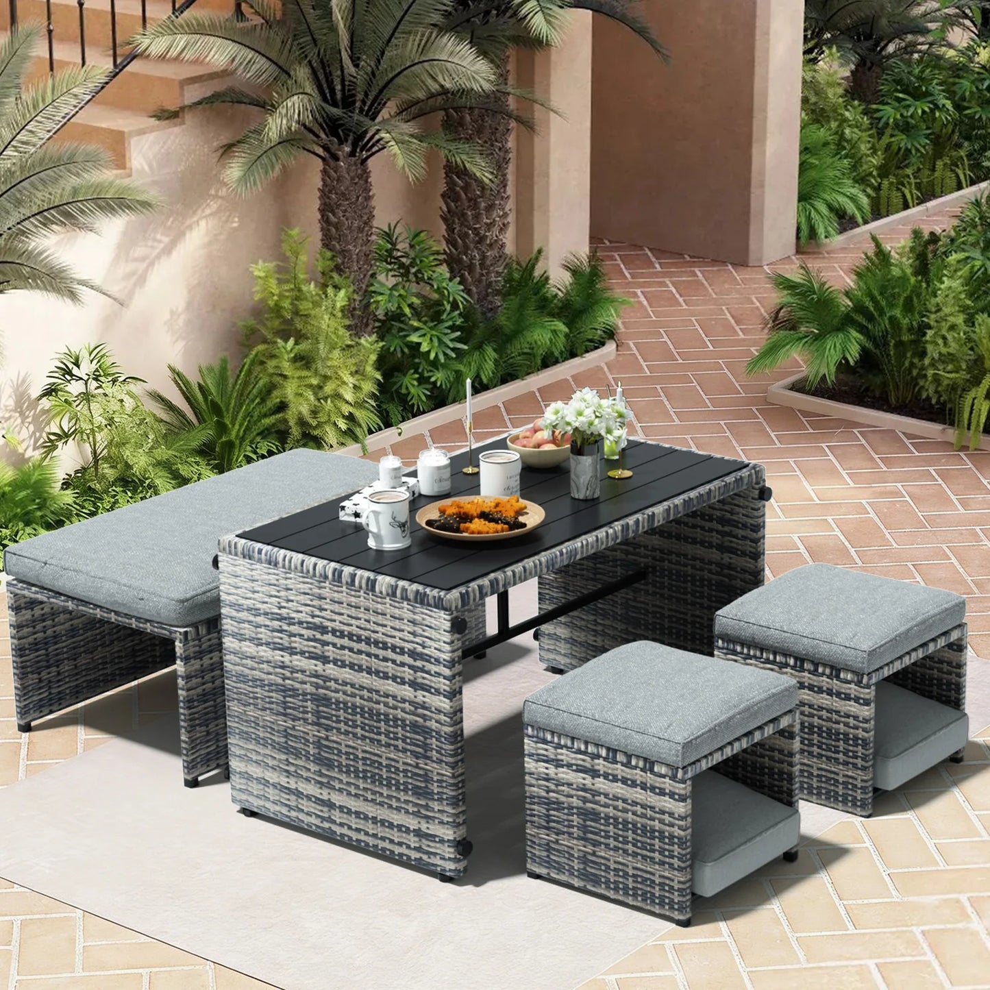 Avenvista 4-Piece Convertible Rattan Patio Sofa With Ottoman