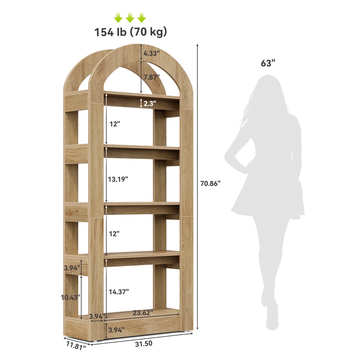 Tribesigns Rustic Oak Five Tier Arched Bookshelf