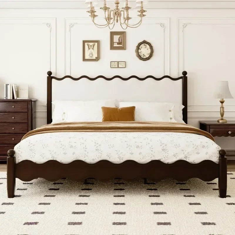 Wood Bed Frame With Vintage Wave Headboard And Foundation