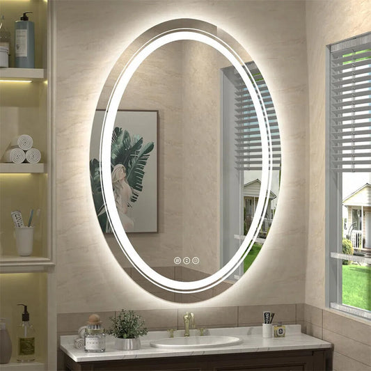 Oval Bathroom Mirror LED Makeup Mirror Anti-Fog Dimmable Light Memory Wall Vanity Shaving Mirror Backlit+Front Lighted