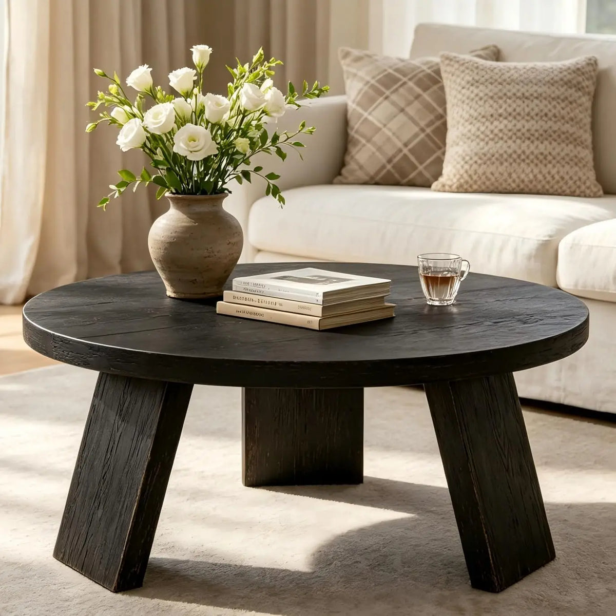 HiMiss Modern Round Coffee Table With Wood Grain Top