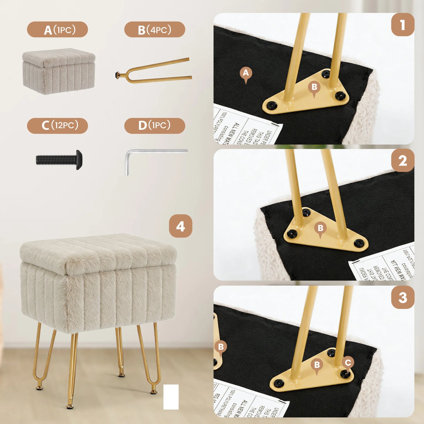 JHK Ottoman Faux Fur Vanity Stool With Storage