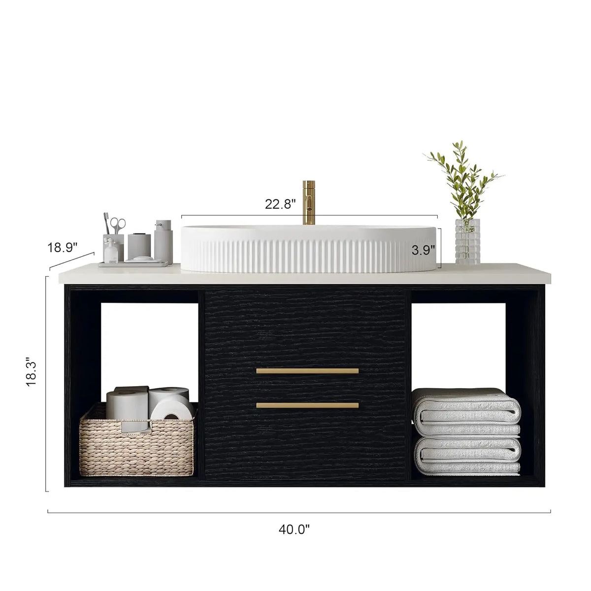Modern Floating Vanity With Ceramic Sink And Wood Cabinet