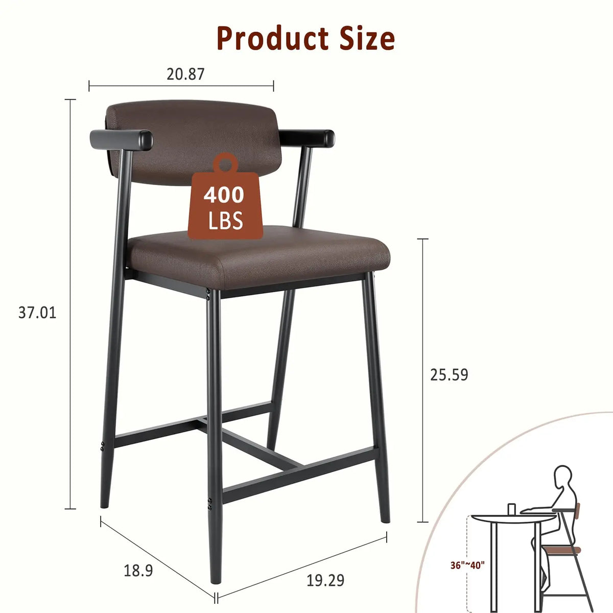 Set Of 4 Counter Height Bar Stools With Arms, Upholstered Back & Wide Seat, Metal Kitchen Island Bar Chairs With Footrest