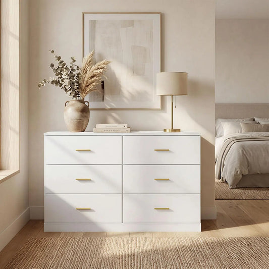 Modern Wooden 6 Drawer Dresser With Metal Handles