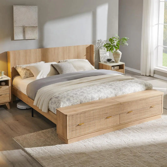 XIAOLANG Fluted King Bed Frame With Wingback Headboard
