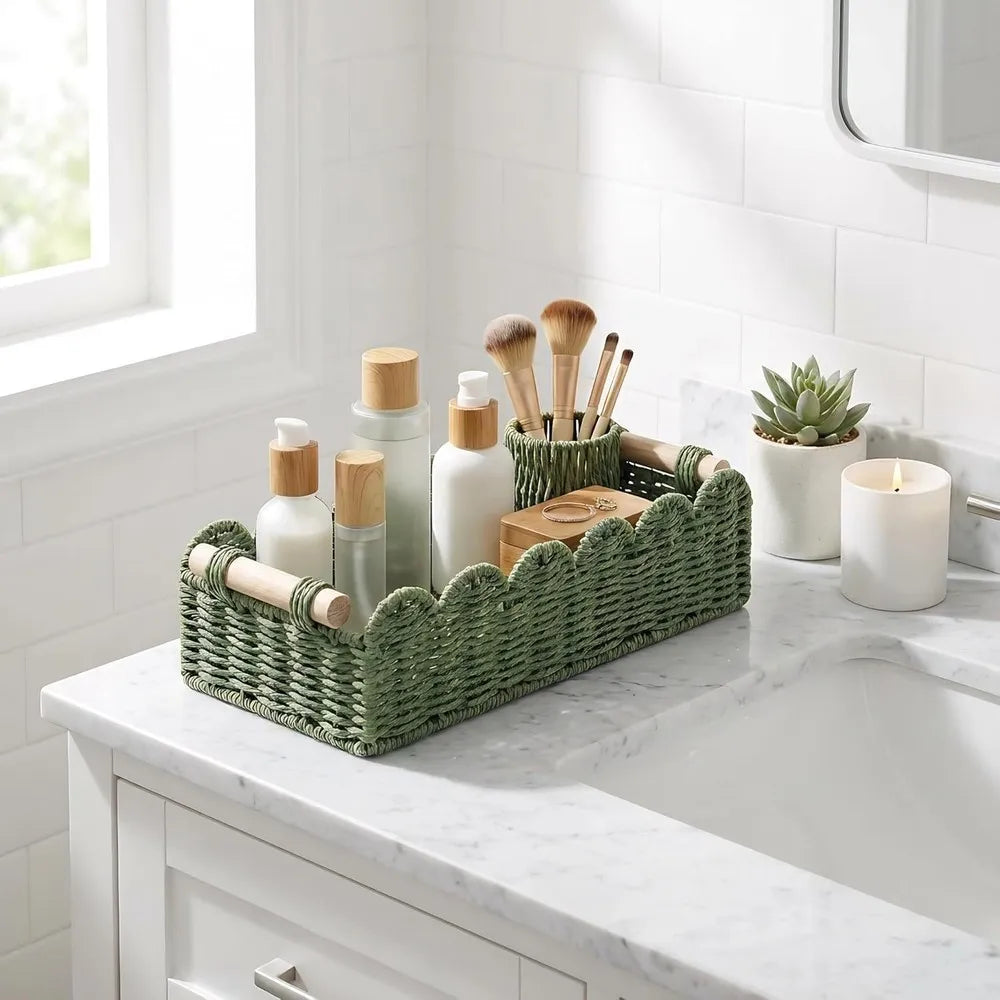 Wicker Storage Basket With Handle Bathroom Decor Organizer