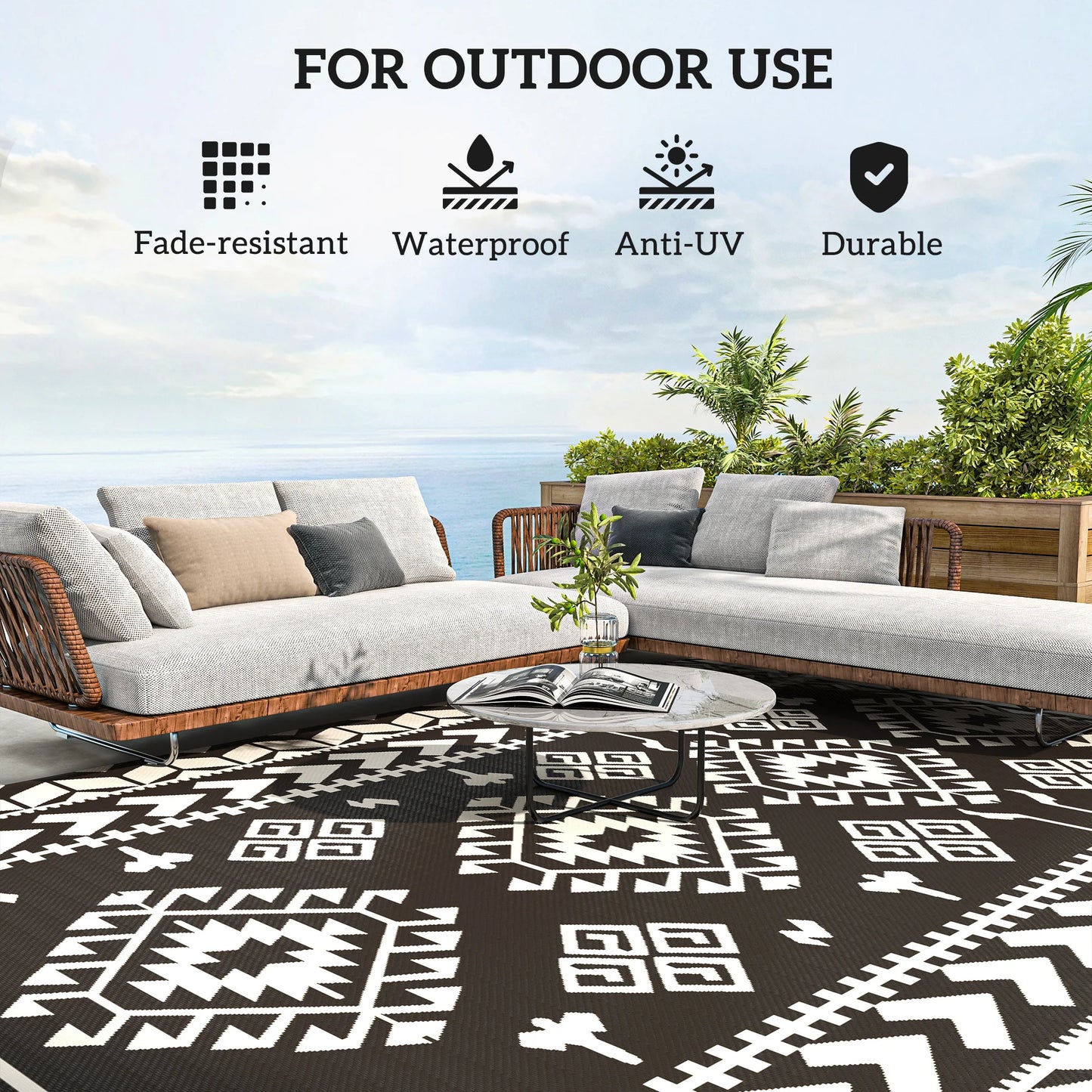 Outdoor Rug, 9' x 18' Floor Mat, Black White Rhombus Patchwork