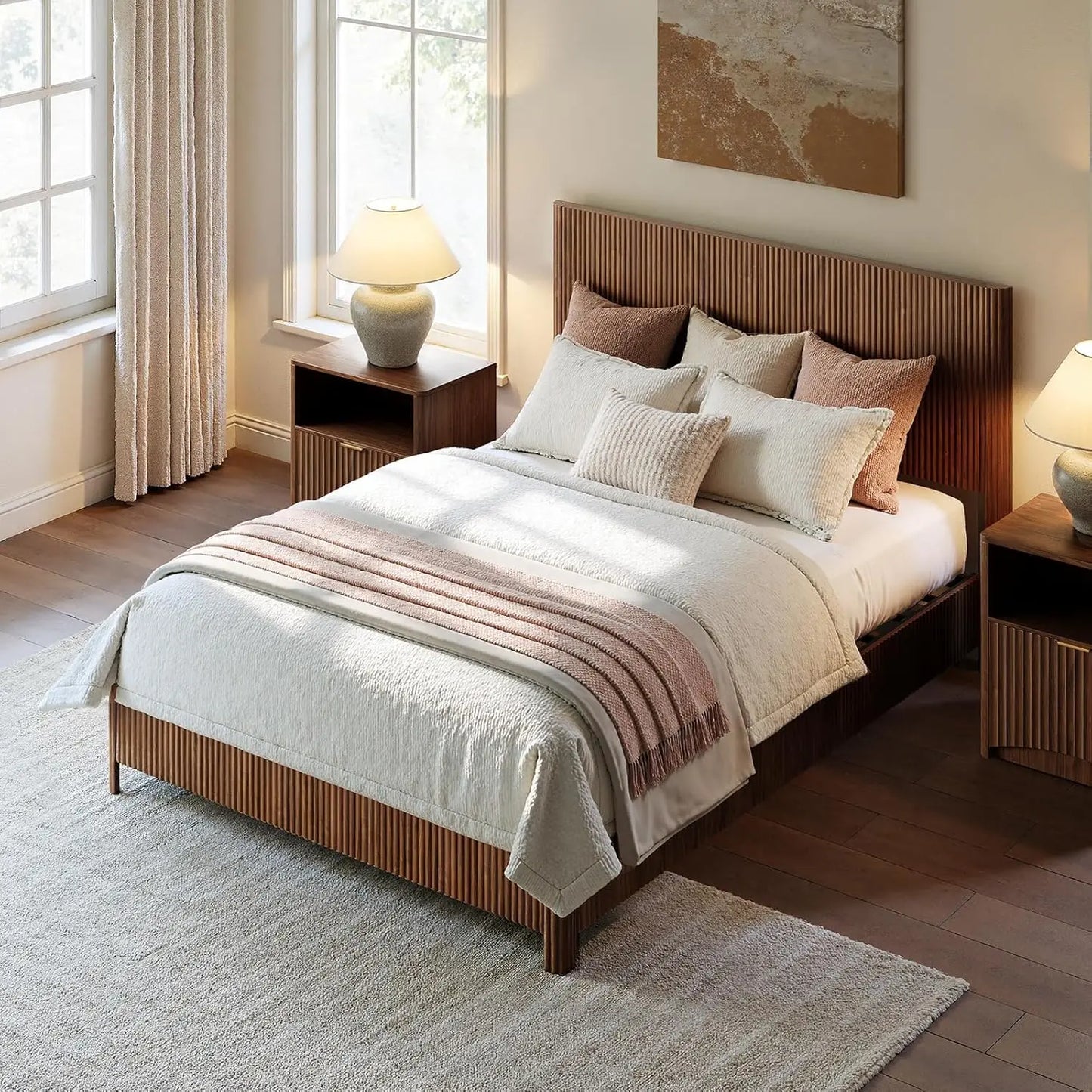 Walnut Platform Bed Frame Fluted Mid Century Modern
