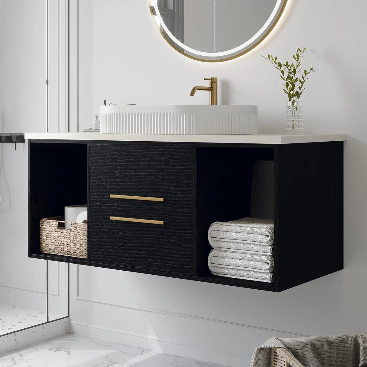 Modern Floating Vanity With Ceramic Sink And Wood Cabinet