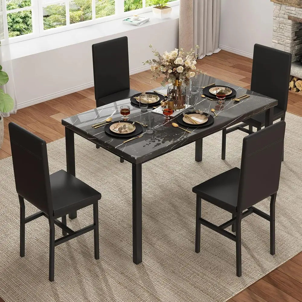 Dining Table Set or 4, ern aux Marble Kitchen Table with 4 PU Leather Chairs, 5 Piece Dining Room Sets or Dinette, Breakast Nook