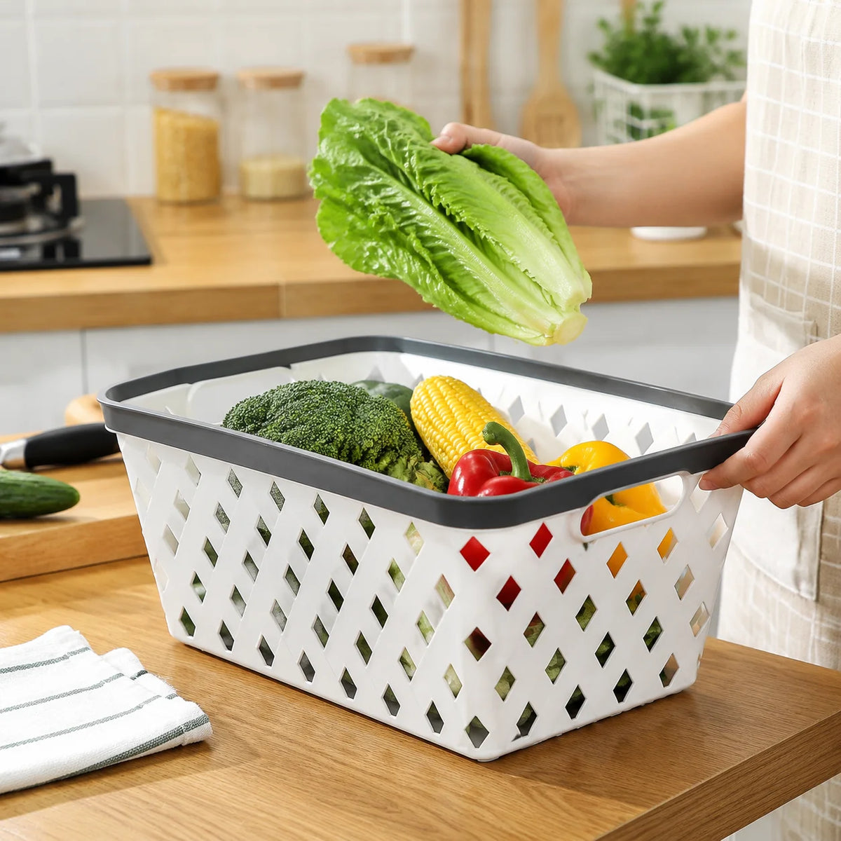 Stackable Plastic Storage Basket Organizer With Handles
