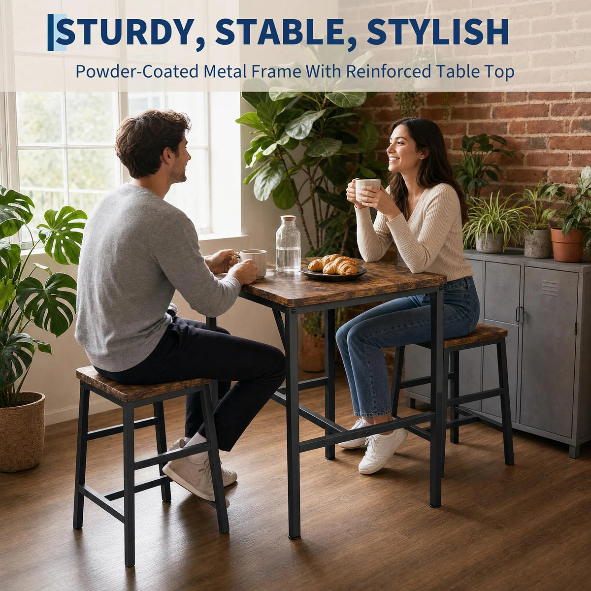 3 Piece Pub Height Dining Table Set For 2, 23.6 Inch Square Bar Table With 2 Stools, Space Saving Bistro Set For Apartment Kitchen