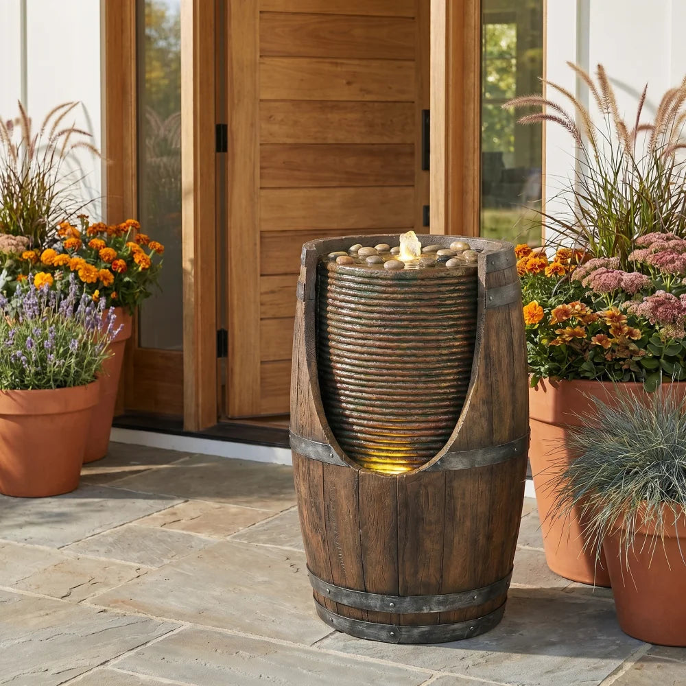 Rustic Resin Outdoor Barrel Water Fountain With Lights