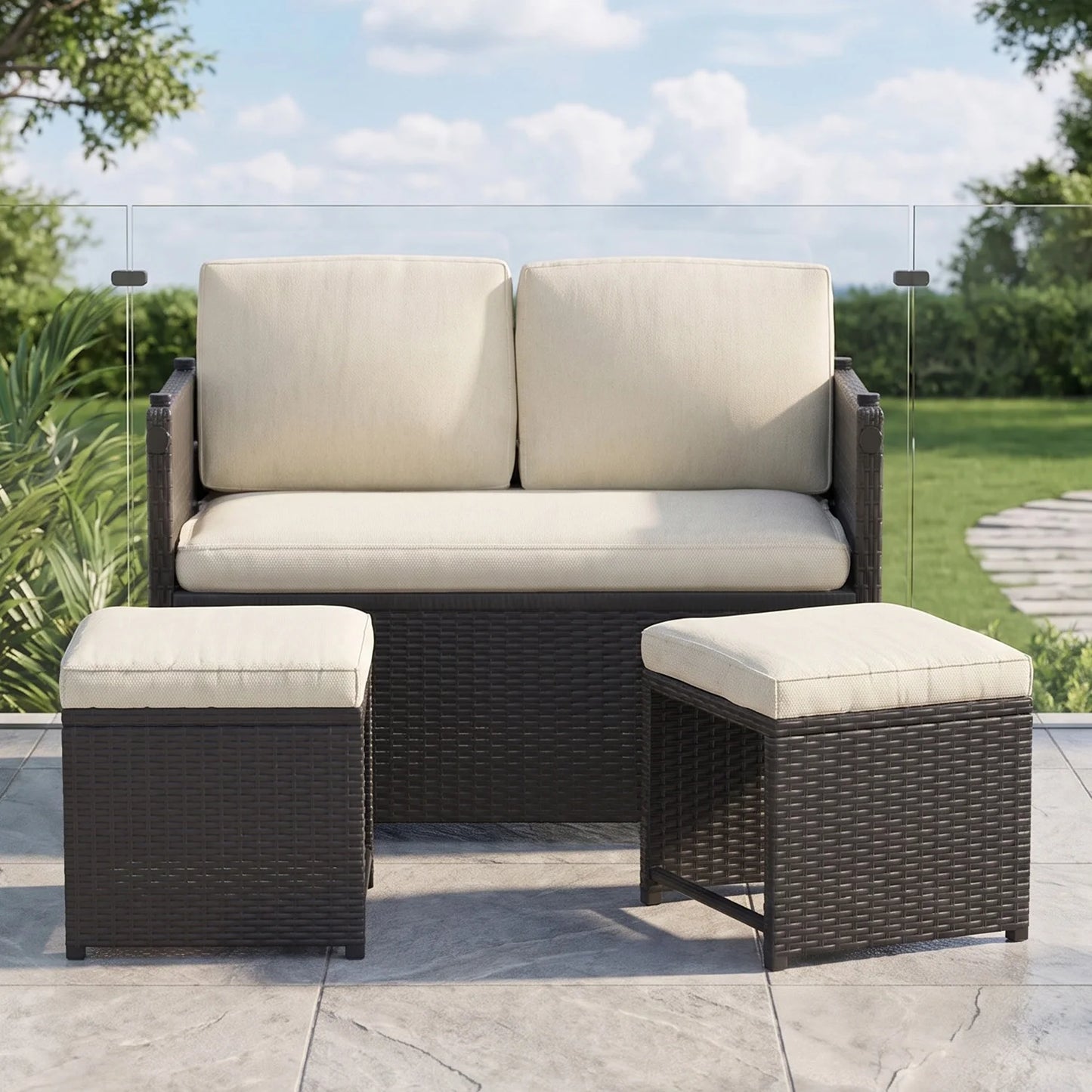 Avenvista 4-Piece Convertible Rattan Patio Sofa With Ottoman