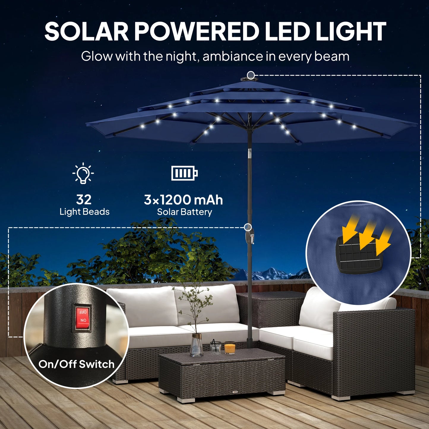 9.7 ft Outdoor Patio Umbrella with Lights, Navy Blue