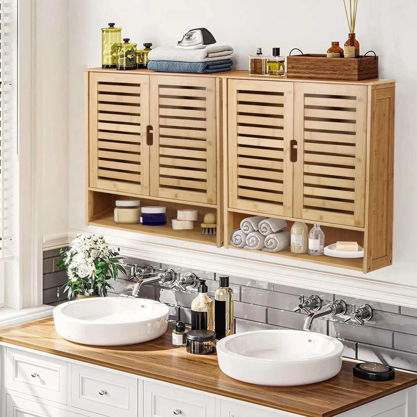 Bamboo Wall Mounted Bathroom Cabinet With Adjustable Shelves