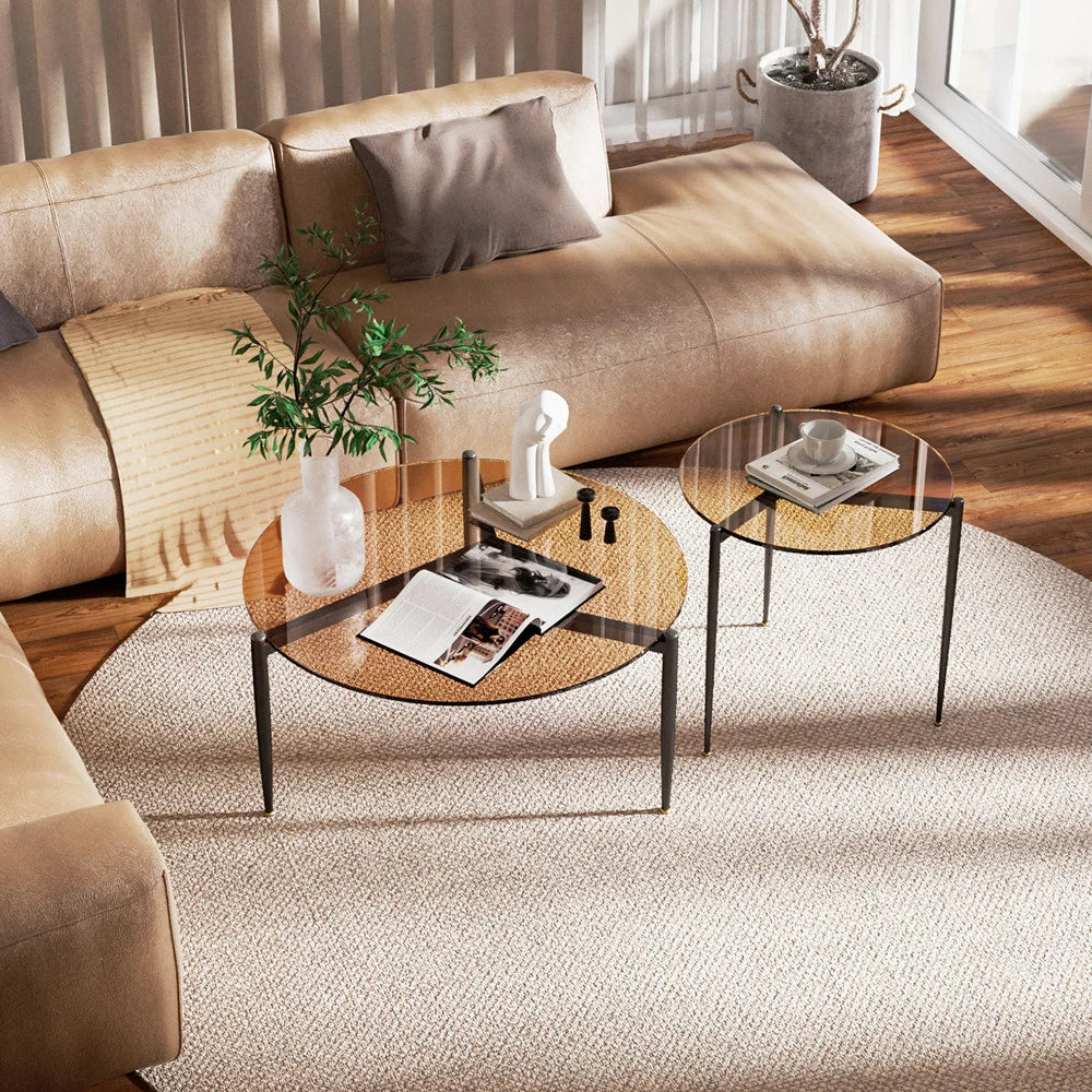 LUVODI Round Tempered Glass Coffee Table With Metal Frame
