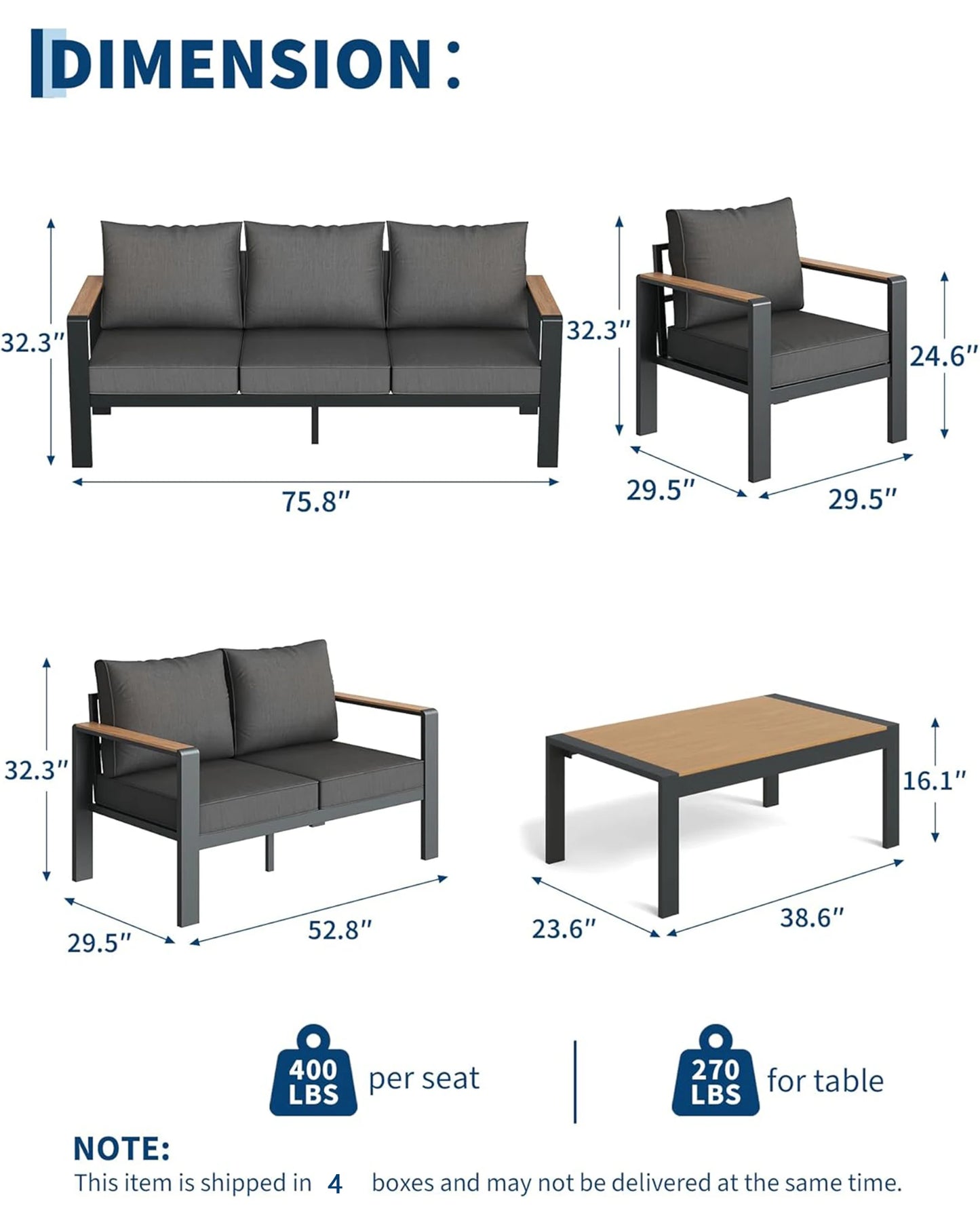 7 Seat Aluminum Patio Furniture Set, Outdoor Sectional Sofa With 5 Inch Thick Cushions & Coffee Table For Porch Deck Yard