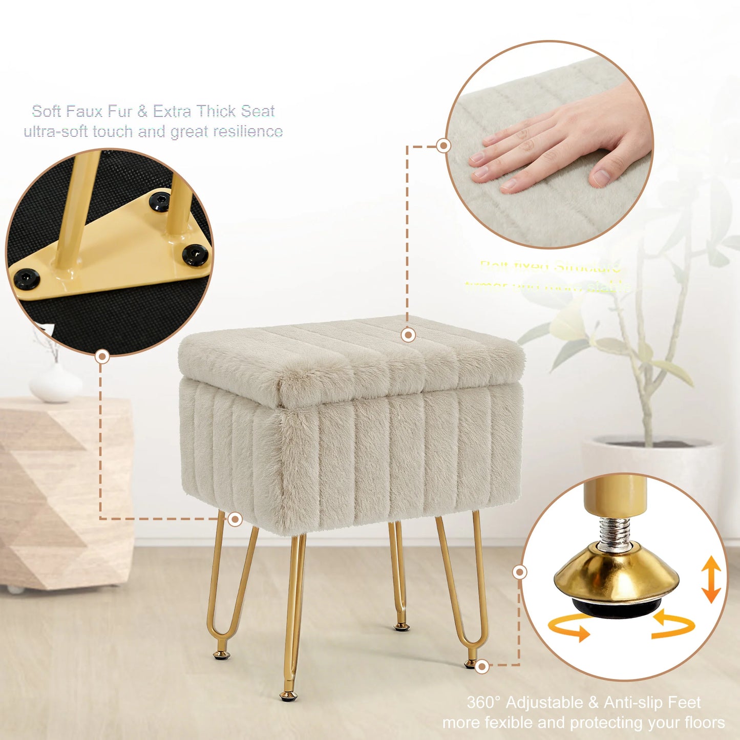 JHK Ottoman Faux Fur Vanity Stool With Storage