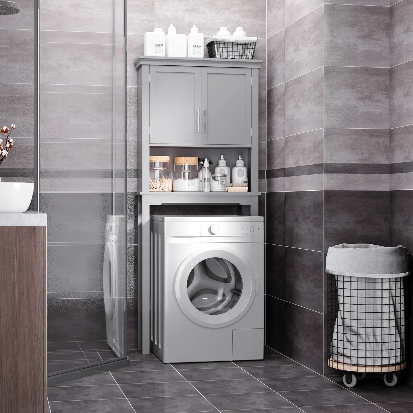 Kleankin Modern over the Toilet Storage Cabinet, Double Door Bathroom Organizer with Inner Adustable Shelf and Open Shelf, Grey