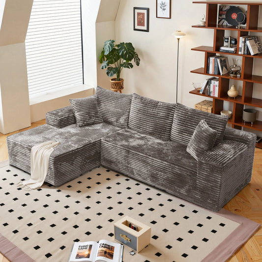Modern Minimalist Wide Vertical Striped Corduroy Modular L-Shaped Corner Sofa, Freely Combinable Cloud Sectional Couch with Chaise Lounge, Oversized Deep Seat No Assembly Lazy Cube Sofa with Throw Pillows, Home Furniture for