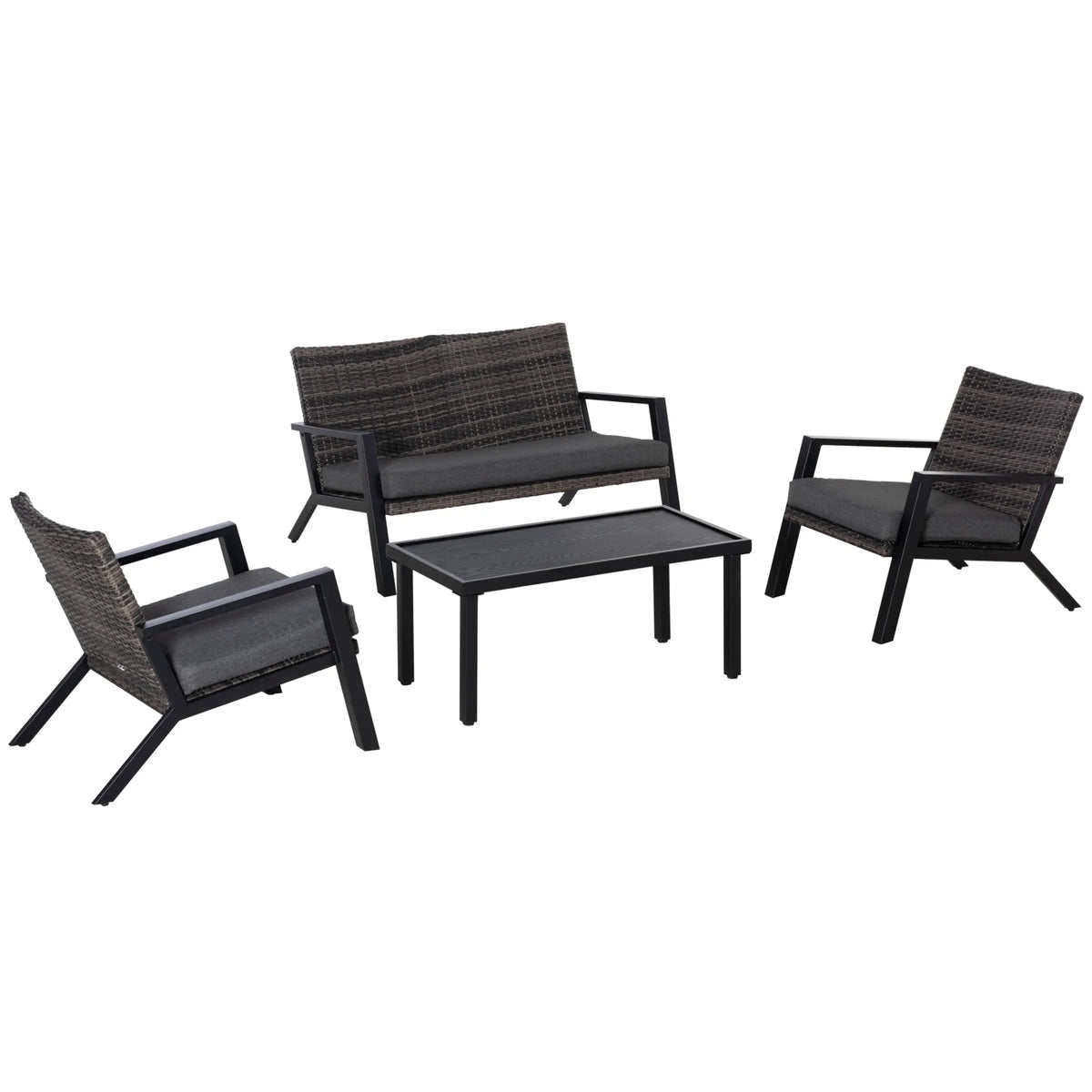 4Pc Outdoor Wicker Patio Furniture Set, Pe Rattan Sofa, 2 Chairs, Table, Black