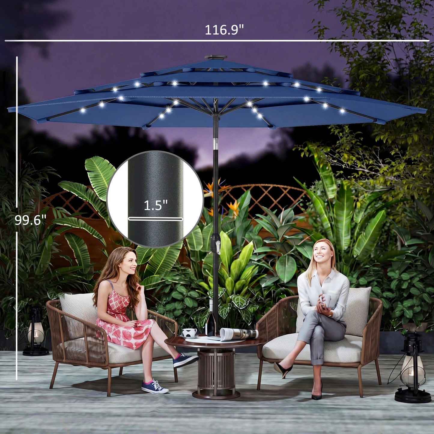 9.7 ft Outdoor Patio Umbrella with Lights, Navy Blue