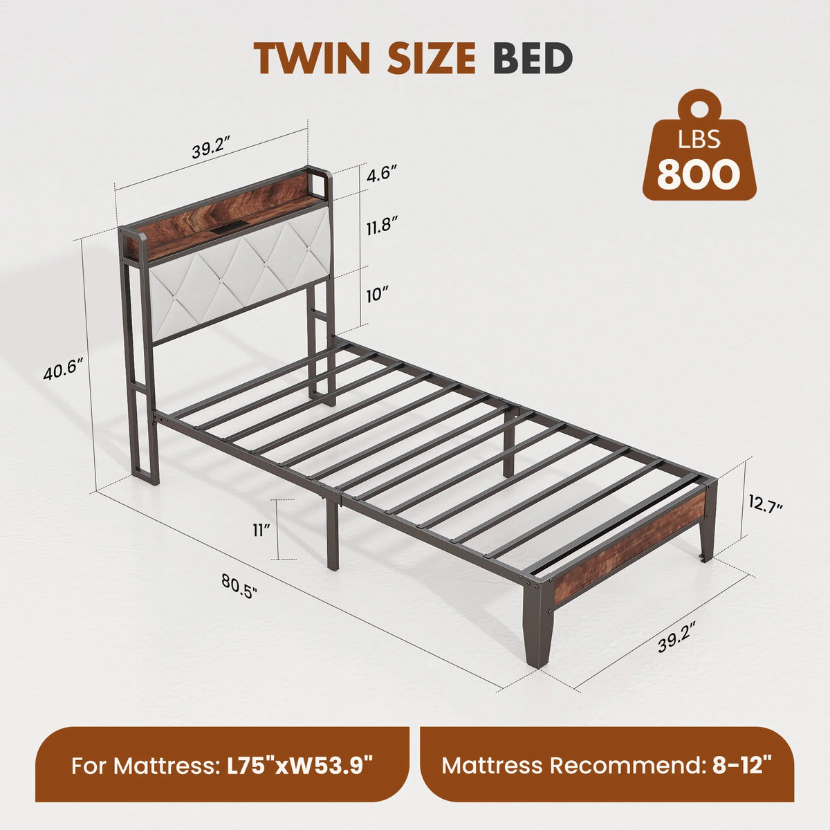 JHK Heavy Duty Metal Bed Frame With Charging Station