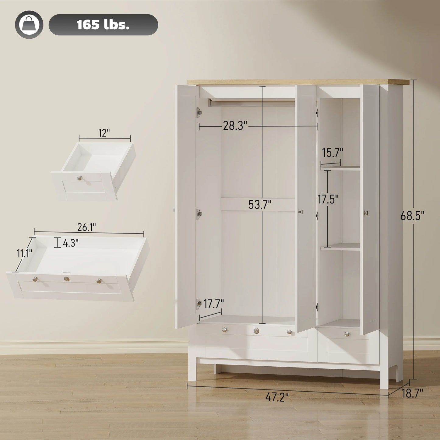 HOMCOM 3-Door Wardrobe With Drawers
