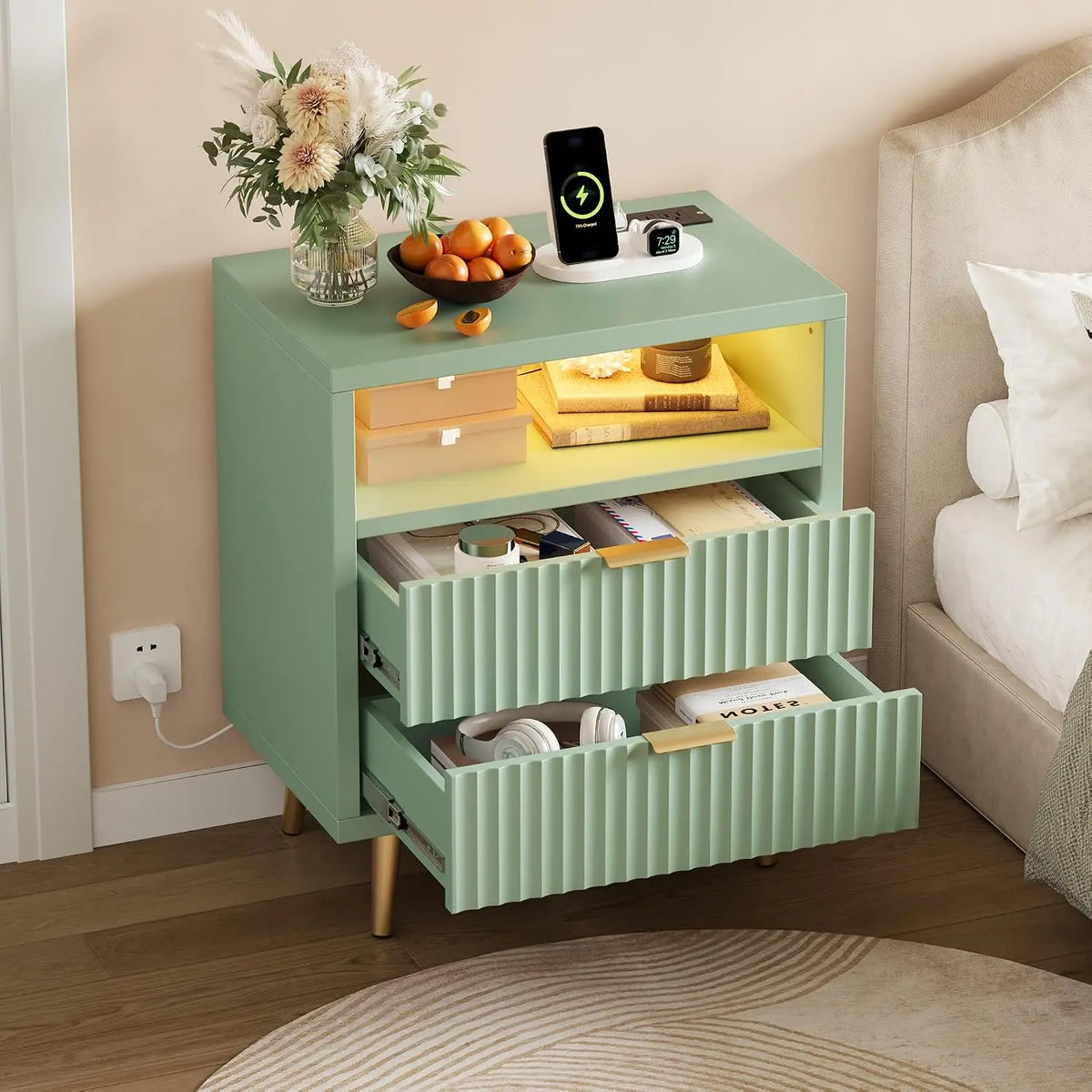 Garvee LED Nightstand With Charging Station And Two Drawers