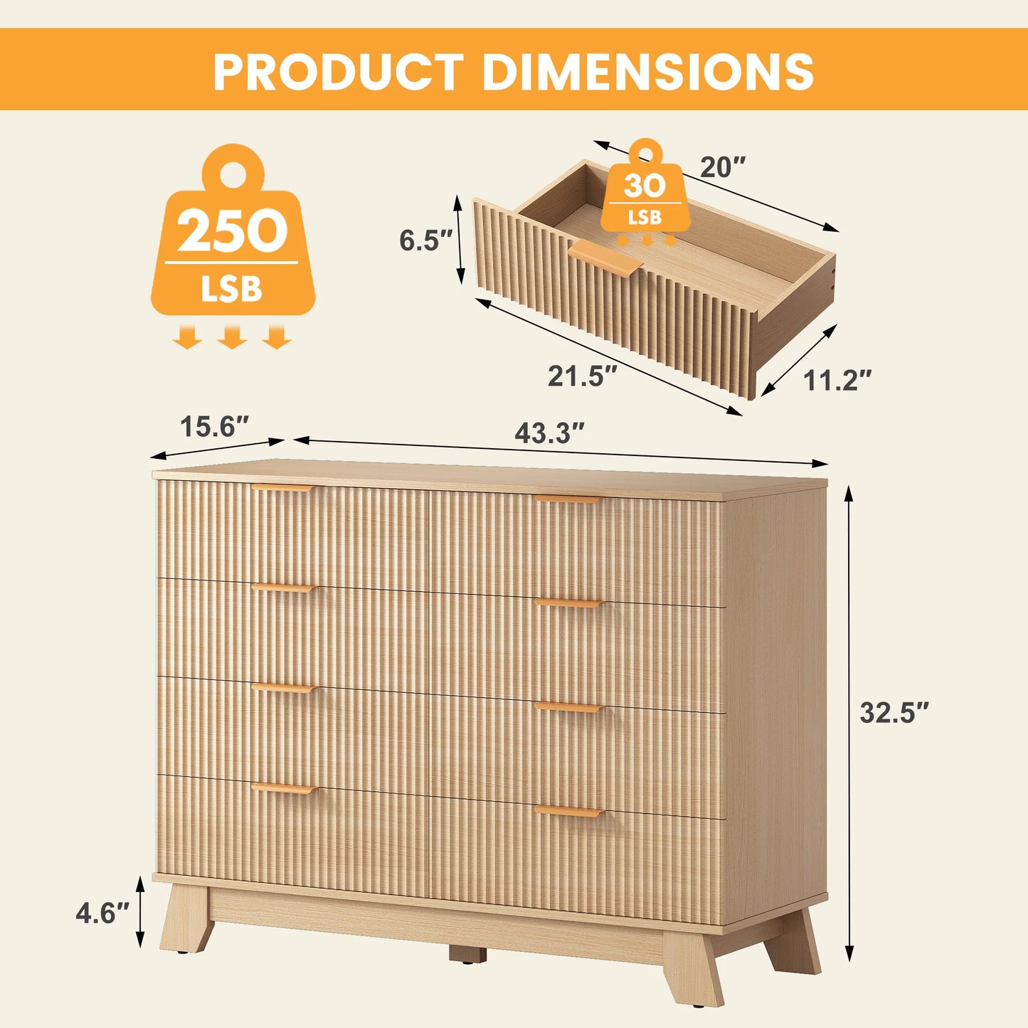 JHK Fluted Wood Dresser With Metal Handles